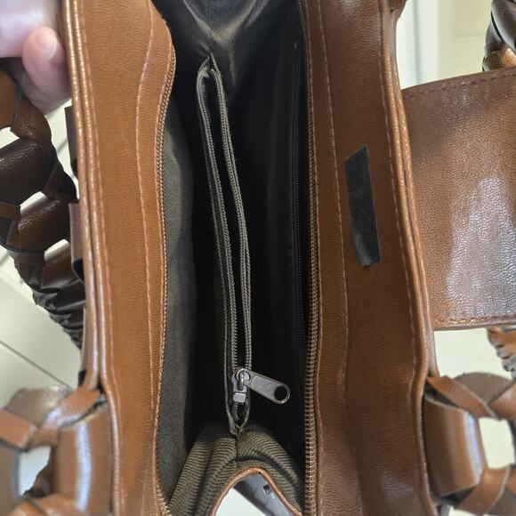 Braided Quality Leather Shoulder Bag Cognac Brown Retro Brushed Silver Closure - Picture 9 of 12